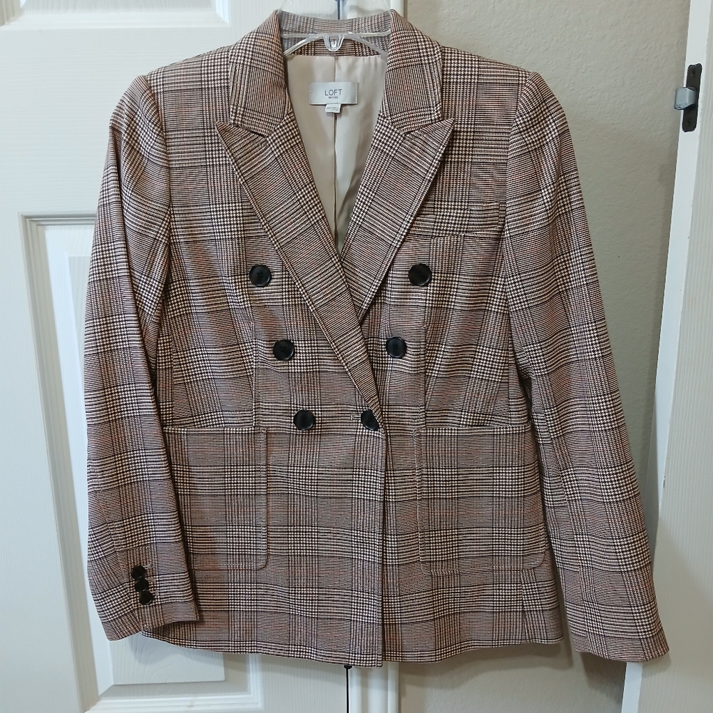 NWOT LOFT BROWN PLAID DOUBLE BREASTED JACKET, 00P